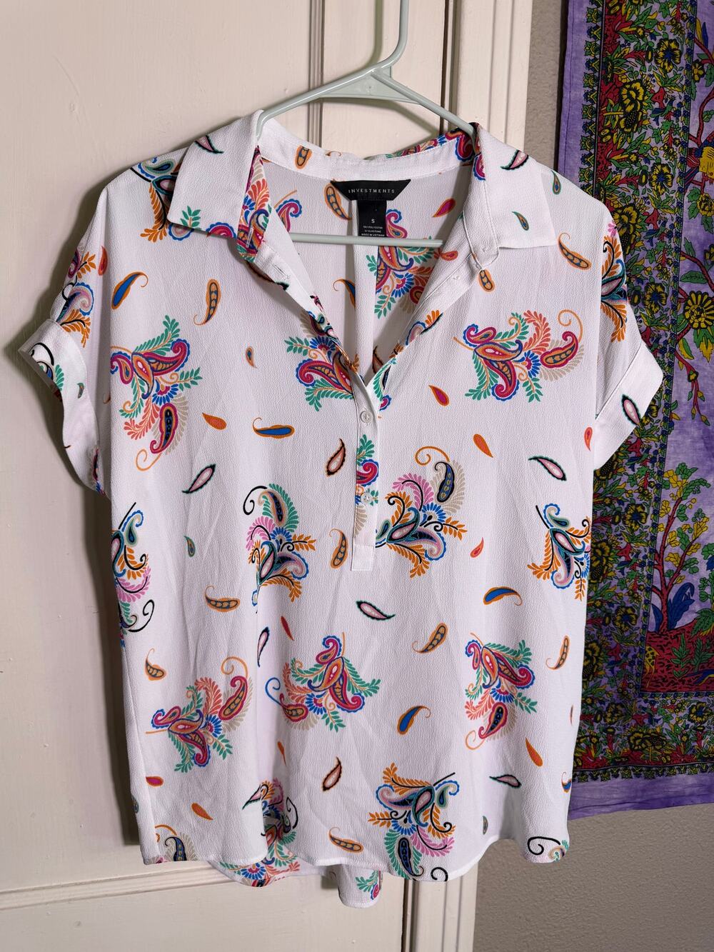Investments Paisley Blouse Small White Multicolor Short Sleeve Popover Shirt
